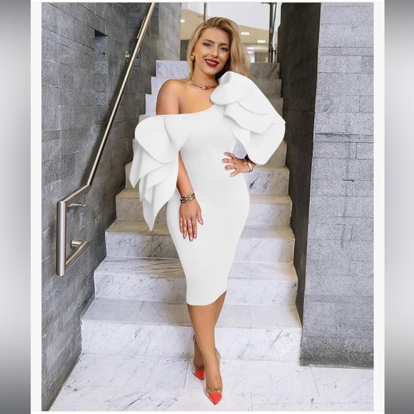 Womens Elegant Ruffle Off the Shoulder Zipper Empire Midi Cocktail Dress White L - Picture 6 of 7